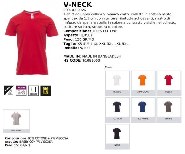 T-shirt V-NECK collo a V manica corta uomo JERSEY 100% COTONE 150 gr