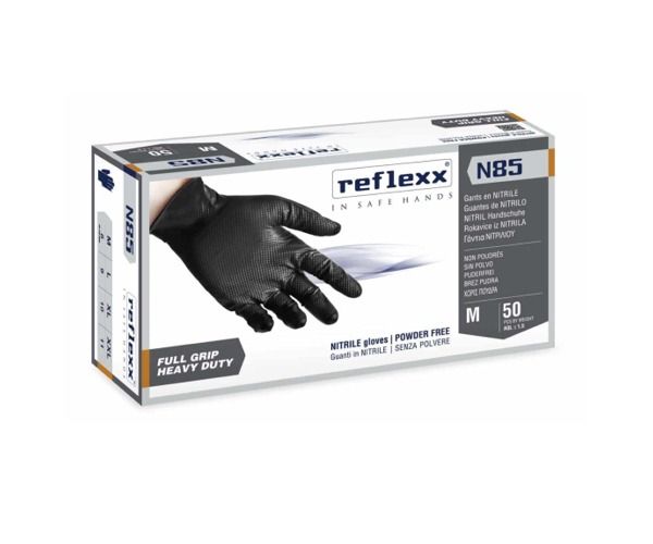 REFLEXX N85 BLACK 50 pz NITRILE NERO FULL GRIP Peso 8,4 gr - Spess. 0,15 - 0,20 mm