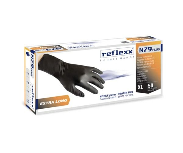 REFLEXX N79P 50 pz NITRILE SENZA POLVERE - NERO X-LONG Peso 7,7 gr - Spess. 0,14 mm